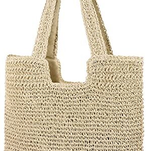 Almury Straw Beach Hand-woven Soft Large Woven Shoulder Bag Boho Straw Handle Tote Retro Summer Bags Rattan Handbag for Women (Beige)