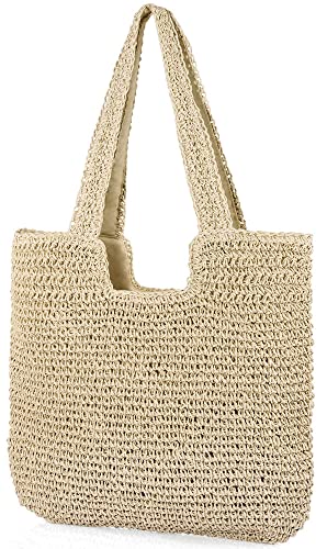 Almury Straw Beach Hand-woven Soft Large Woven Shoulder Bag Boho Straw Handle Tote Retro Summer Bags Rattan Handbag for Women (Beige)