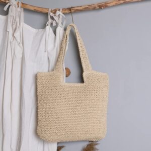 Almury Straw Beach Hand-woven Soft Large Woven Shoulder Bag Boho Straw Handle Tote Retro Summer Bags Rattan Handbag for Women (Beige)