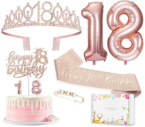 8pcs 18th birthday decorations for girls, Including 18th Happy Birthday Cake Toppers, Birthday Queen Sash with Pearl Pin, Sweet Rhinestone Tiara Crown, Number Candles and Balloons Set, Rose Gold