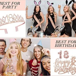 8pcs 18th birthday decorations for girls, Including 18th Happy Birthday Cake Toppers, Birthday Queen Sash with Pearl Pin, Sweet Rhinestone Tiara Crown, Number Candles and Balloons Set, Rose Gold