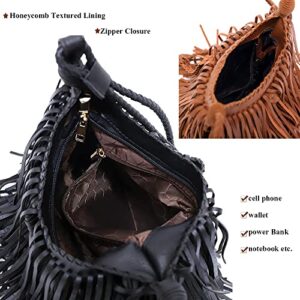 Downupdown Women Fringed Purse Handbags Vegan Leather Crossbody Bag Vintage & Stylish Tassel Shoulder Bag Satchel Tote Hobo Bag for Girl-Brown