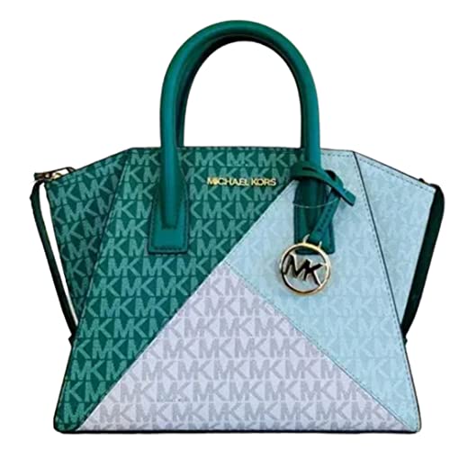 Michael Kors Avril Small Top Zip Satchel Crossbody MK Signature Colorblock (Palmetto Green)