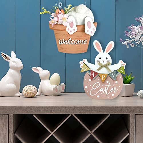 HOMirable aster Decorations for Home Pink Bunny Decor Happy Easter Block Cute Rabbit Tabletop Wooden Farmhouse Rustic Sign, Dining Room, Mantle, Fireplace, Shelf Indoor