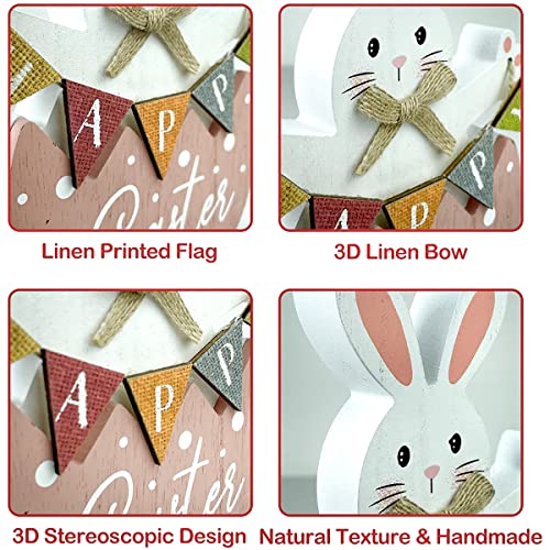 HOMirable aster Decorations for Home Pink Bunny Decor Happy Easter Block Cute Rabbit Tabletop Wooden Farmhouse Rustic Sign, Dining Room, Mantle, Fireplace, Shelf Indoor