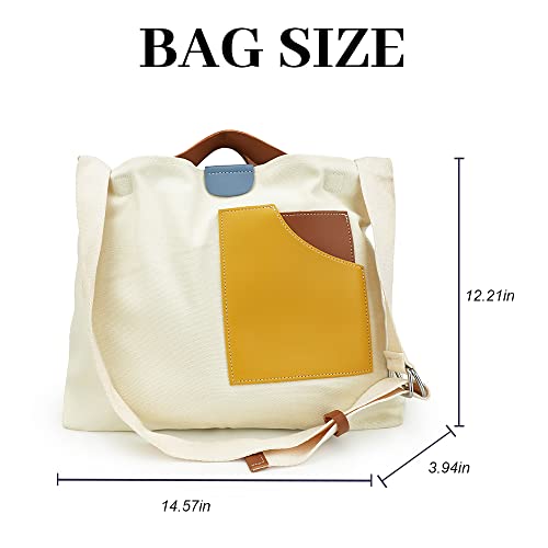 JBB Women's Tote Bag Crossbody Canvas Bags Handbags with Pockets Purses Shoulder Splicing Work Travel White