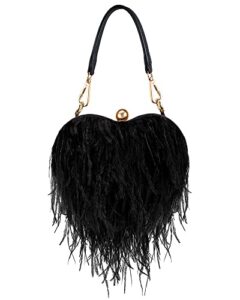 women ostrich feather tote bag heart shaped fluffy purse clutch feather purse feather evening handbag for wedding party(black)