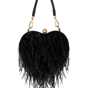 Women Ostrich Feather Tote Bag Heart Shaped Fluffy Purse Clutch Feather Purse Feather Evening Handbag for Wedding Party(Black)