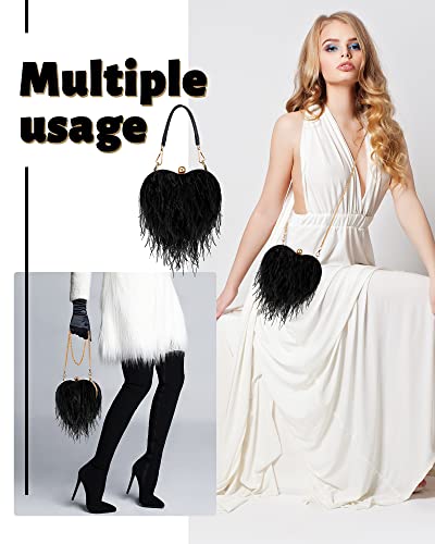 Women Ostrich Feather Tote Bag Heart Shaped Fluffy Purse Clutch Feather Purse Feather Evening Handbag for Wedding Party(Black)