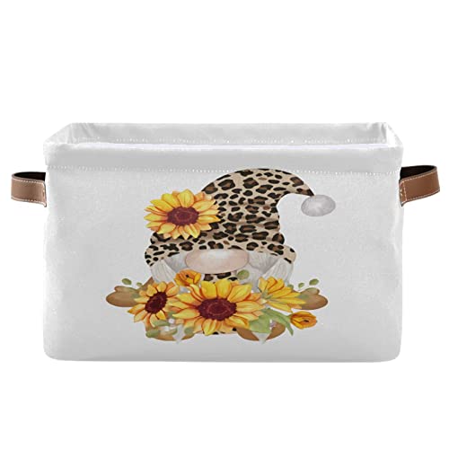 Gougeta Foldable Storage Basket with Handle, Cute Leopard Gnome Sunflower Rectangular Canvas Organizer Bins for Home Office Closet Clothes Toys 1 Pack