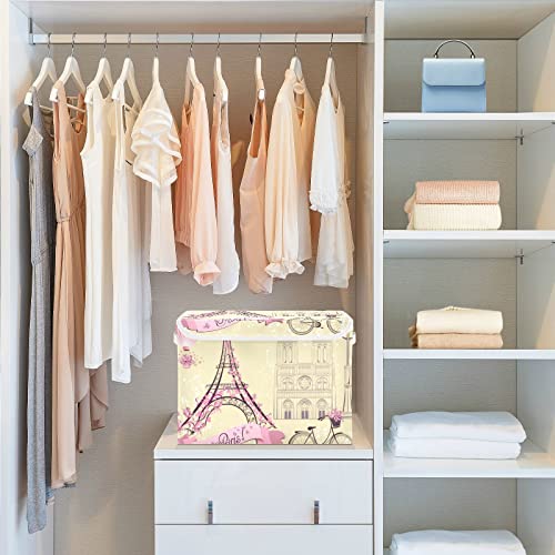 WELLDAY Pink Romantic Paris Storage Baskets Foldable Cube Storage Bin with Lids and Handle, 16.5x12.6x11.8 In Storage Boxes for Toys, Shelves, Closet, Bedroom, Nursery