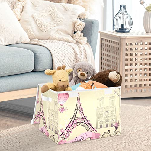 WELLDAY Pink Romantic Paris Storage Baskets Foldable Cube Storage Bin with Lids and Handle, 16.5x12.6x11.8 In Storage Boxes for Toys, Shelves, Closet, Bedroom, Nursery