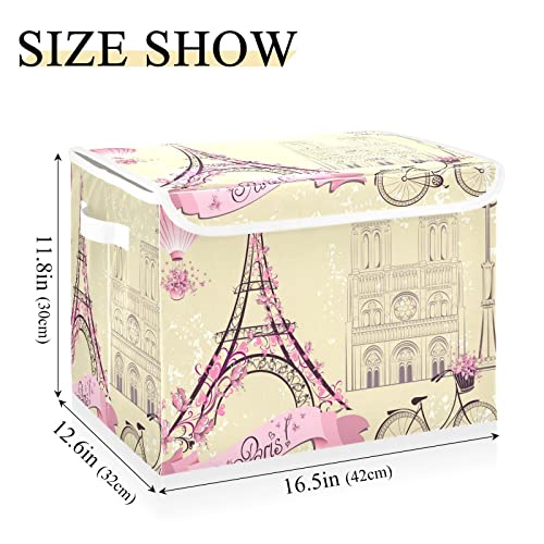 WELLDAY Pink Romantic Paris Storage Baskets Foldable Cube Storage Bin with Lids and Handle, 16.5x12.6x11.8 In Storage Boxes for Toys, Shelves, Closet, Bedroom, Nursery