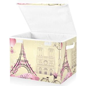 WELLDAY Pink Romantic Paris Storage Baskets Foldable Cube Storage Bin with Lids and Handle, 16.5x12.6x11.8 In Storage Boxes for Toys, Shelves, Closet, Bedroom, Nursery