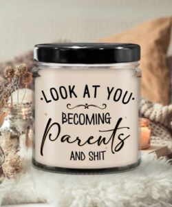 the improper mug look at you becoming parents candle baby shower ideas for new mom and dad first time expecting mother father parenthood keepsake 9 oz. vanilla scented