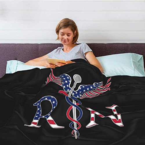 NUTTAG America Flag Rn Registered Nurse Throw Blanket Lightweight 60x50 Inches Air Conditioning Blanket for Bed Couch Living Room All Seasons Microfleece Blanket