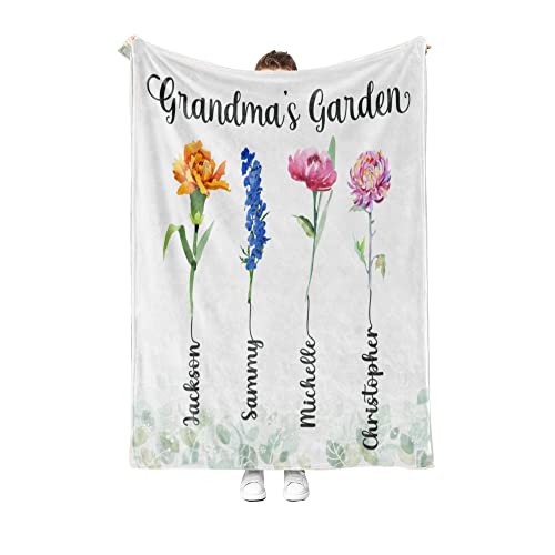 Personalized Grandkids Names Fleece Sherpa Throw Blankets Grandma's Garden Blanket Custom Birth Month Flowers Blanket Birthday Gifts for Grandma Nana Mimi Gigi Grandmother