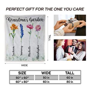 Personalized Grandkids Names Fleece Sherpa Throw Blankets Grandma's Garden Blanket Custom Birth Month Flowers Blanket Birthday Gifts for Grandma Nana Mimi Gigi Grandmother