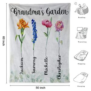 Personalized Grandkids Names Fleece Sherpa Throw Blankets Grandma's Garden Blanket Custom Birth Month Flowers Blanket Birthday Gifts for Grandma Nana Mimi Gigi Grandmother