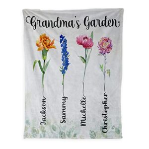 Personalized Grandkids Names Fleece Sherpa Throw Blankets Grandma's Garden Blanket Custom Birth Month Flowers Blanket Birthday Gifts for Grandma Nana Mimi Gigi Grandmother