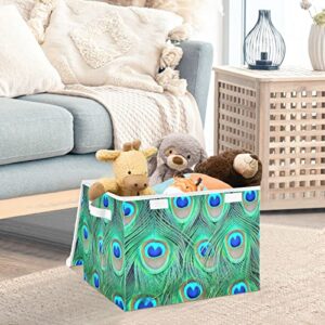 WELLDAY Peacock Feather Storage Baskets Foldable Cube Storage Bin with Lids and Handle, 16.5x12.6x11.8 In Storage Boxes for Toys, Shelves, Closet, Bedroom, Nursery