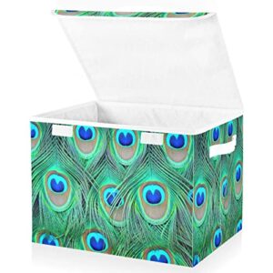 WELLDAY Peacock Feather Storage Baskets Foldable Cube Storage Bin with Lids and Handle, 16.5x12.6x11.8 In Storage Boxes for Toys, Shelves, Closet, Bedroom, Nursery