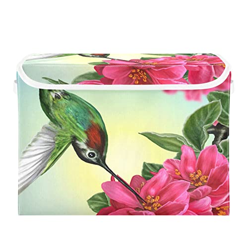 WELLDAY Green Hummingbird Flower Storage Baskets Foldable Cube Storage Bin with Lids and Handle, 16.5x12.6x11.8 In Storage Boxes for Toys, Shelves, Closet, Bedroom, Nursery