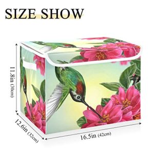 WELLDAY Green Hummingbird Flower Storage Baskets Foldable Cube Storage Bin with Lids and Handle, 16.5x12.6x11.8 In Storage Boxes for Toys, Shelves, Closet, Bedroom, Nursery