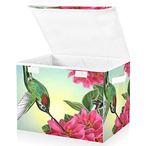 WELLDAY Green Hummingbird Flower Storage Baskets Foldable Cube Storage Bin with Lids and Handle, 16.5x12.6x11.8 In Storage Boxes for Toys, Shelves, Closet, Bedroom, Nursery