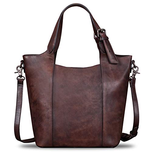 Genuine Leather Handbags for Women Vintage Handmade Shoulder Bag Purse Tote Cowhide Satchel Top-Handle Bag for Ladies (Coffee)