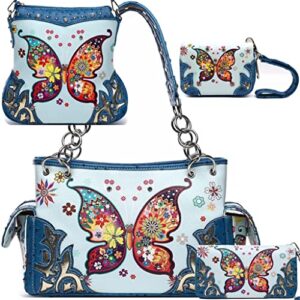 butterfly floral western purse country handbag women shoulder bag crossbody wallet card holder 4 pcs set (#2 blue)