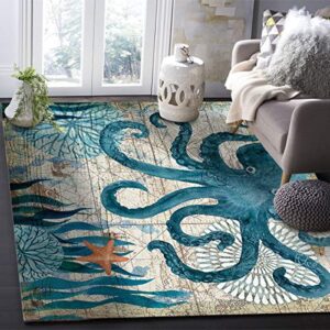 Area Rug 4x6ft Rugs for Living Room, Non-Slip Stain-Proof Carpet for Bedroom Decor, Seagrass Sea Animal Octopus of Undersea World Area Rugs for Hallways Kids Room Nursery Dining Room