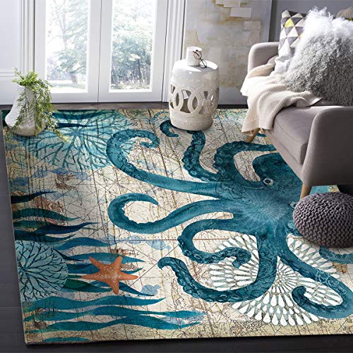 Area Rug 4x6ft Rugs for Living Room, Non-Slip Stain-Proof Carpet for Bedroom Decor, Seagrass Sea Animal Octopus of Undersea World Area Rugs for Hallways Kids Room Nursery Dining Room