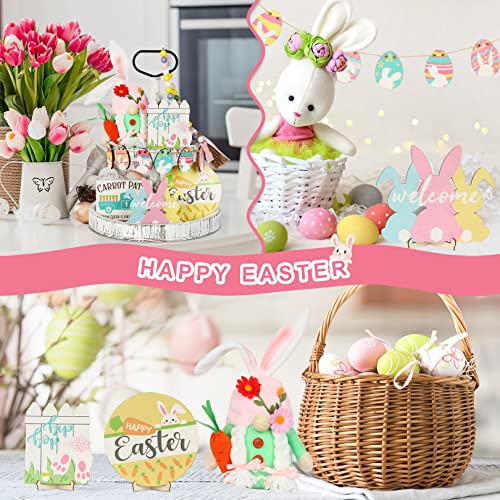 17PCS Easter Tiered Tray Decor Bunny Gnome DIY Wooden Signs Decor With Cute Beads For Home House Room Table Shelf Easter Decorations (Easter)