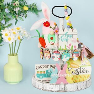 17PCS Easter Tiered Tray Decor Bunny Gnome DIY Wooden Signs Decor With Cute Beads For Home House Room Table Shelf Easter Decorations (Easter)