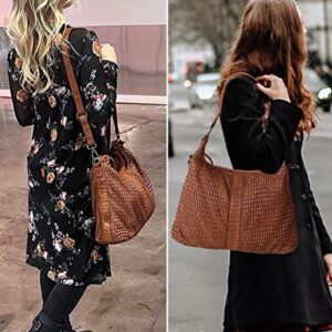 Leather Tote Bag for Women - Washed Leather Hand-Woven Shoulder Bag Hobo Crossbody Travel Handbag Ladies Purse Large Office Satchel