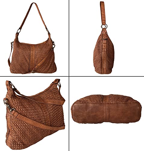 Leather Tote Bag for Women - Washed Leather Hand-Woven Shoulder Bag Hobo Crossbody Travel Handbag Ladies Purse Large Office Satchel