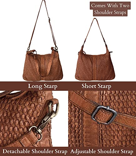 Leather Tote Bag for Women - Washed Leather Hand-Woven Shoulder Bag Hobo Crossbody Travel Handbag Ladies Purse Large Office Satchel