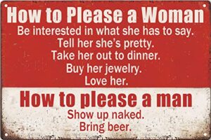 funny vintage metal tin signs how to please a woman and a man sign man cave sign for women retro bar decor pub tin letters sign home garage kitchen wall decoration 8×12 inches