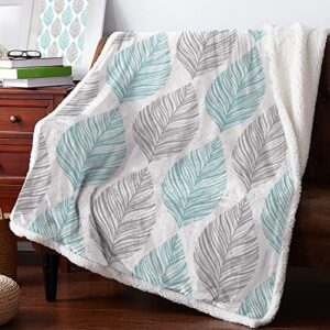 Gredice Sherpa Blankets Fleece Throw Blanket Reversible Soft Cozy Bed Blankets Abstract Seamless Plants Leaves,Flannel Sofa Throws,Grey and Teal Stripes on White Fuzzy Warm Blankets for Couch,40x50in