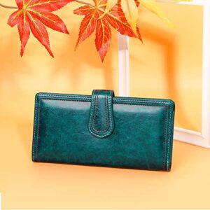 CILLA Womens Leather Wallet Large Capacity Bifold Ladies Zipper Clutch Credit Card Holder With Coin Pouch Oil Wax Design (Turquoise Green)