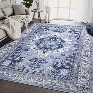 abani rectangular area rugs 6’x9′, blue beige polypropylene large rugs, stain resistant, machine washable and non-shedding vintage style rugs