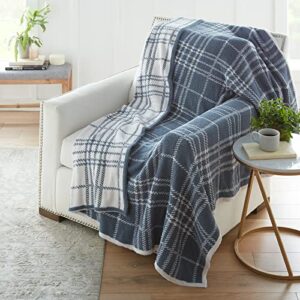 crafted by catherine quinn plaid cozy knit throw blanket 60″ x 70″ inches, soft comfy decorative throw for couch bed sofa travel, blue