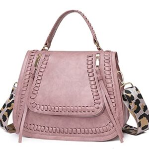 HANDAFA Convertible Satchel Handbag Woven Leopard Shoulder Hnadbag Crossbody With Gituar Strap For Women(Pink)