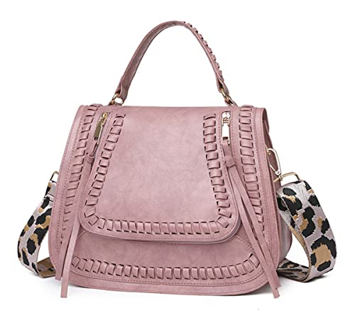 HANDAFA Convertible Satchel Handbag Woven Leopard Shoulder Hnadbag Crossbody With Gituar Strap For Women(Pink)