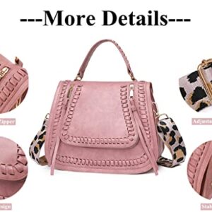 HANDAFA Convertible Satchel Handbag Woven Leopard Shoulder Hnadbag Crossbody With Gituar Strap For Women(Pink)