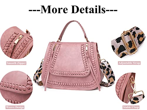 HANDAFA Convertible Satchel Handbag Woven Leopard Shoulder Hnadbag Crossbody With Gituar Strap For Women(Pink)