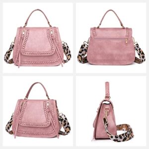 HANDAFA Convertible Satchel Handbag Woven Leopard Shoulder Hnadbag Crossbody With Gituar Strap For Women(Pink)