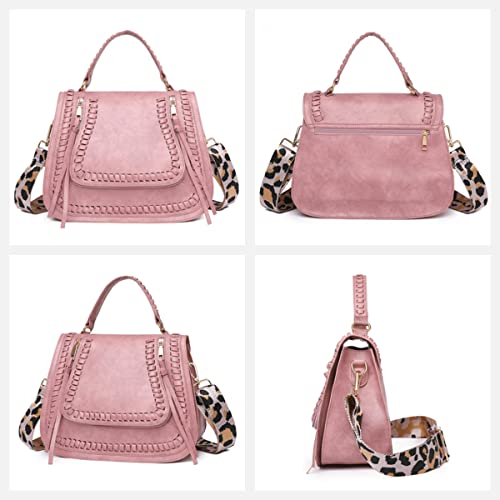 HANDAFA Convertible Satchel Handbag Woven Leopard Shoulder Hnadbag Crossbody With Gituar Strap For Women(Pink)