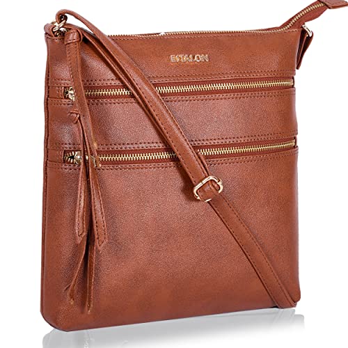 Leather Crossbody Bags for Women - Medium Crossover Purse Women's Handbag cross body Adjustable Shoulder Strap (Tan)